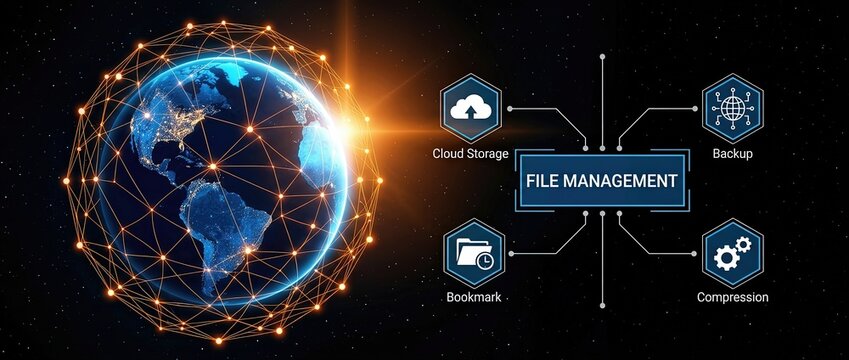 Innovative file management system featuring cloud storage solutions backup processes and compression icons all set against a visually striking digital earth backdrop