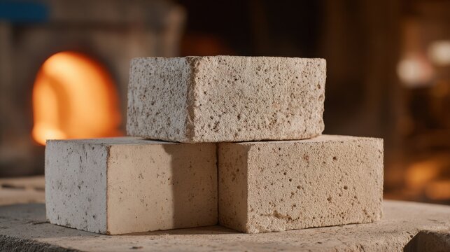 Close-up view of stacked industrial ceramic insulation bricks with rough texture