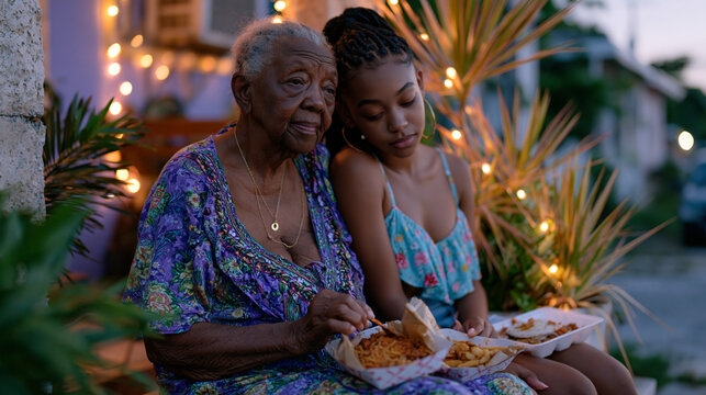 Elderly Jamaican grandmother and her teenage granddaughter sitting side by side on a front stoop at dusk eating takeout from containers, three generations of silence and reconnection hanging gently 