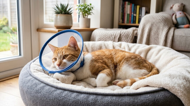 Cat with Elizabethan collar resting in cozy bed near window. Cat appears comfortable and relaxed despite wearing a protective collar, creating a warm home atmosphere.