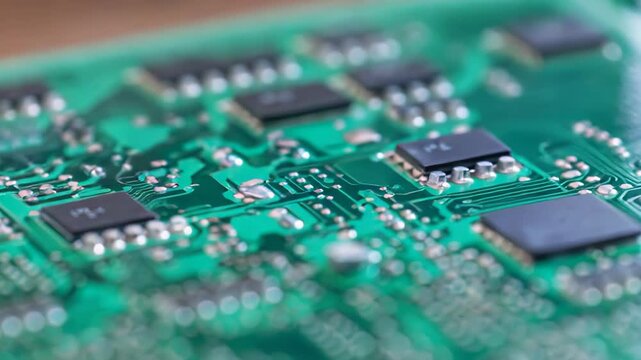 Green circuit board close up featuring various integrated circuits and surface mounted electronic components, creating a pattern of modern technology and intricate design