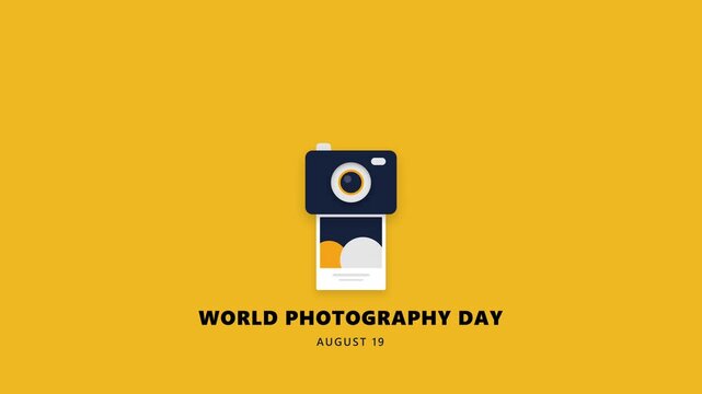 World Photography Day animated greeting card with camera icon on yellow background
