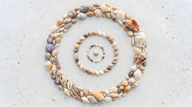 Seashell mandala on white sand beach, concentric circle arrangement of sea shells, coastal zen art for summer travel and wellness backgrounds