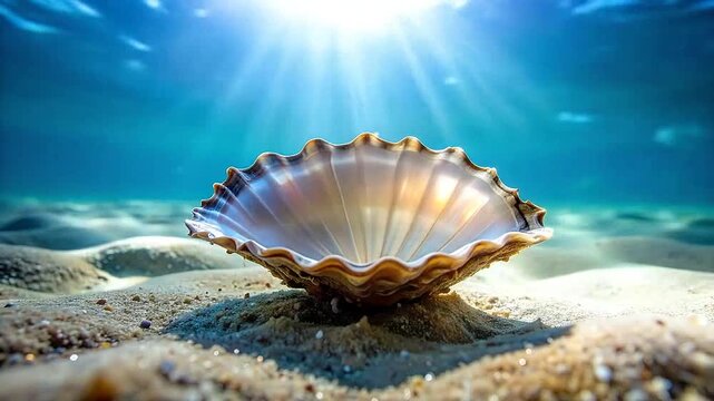 A beautiful seashell rests on the sandy ocean floor under bright sunbeams