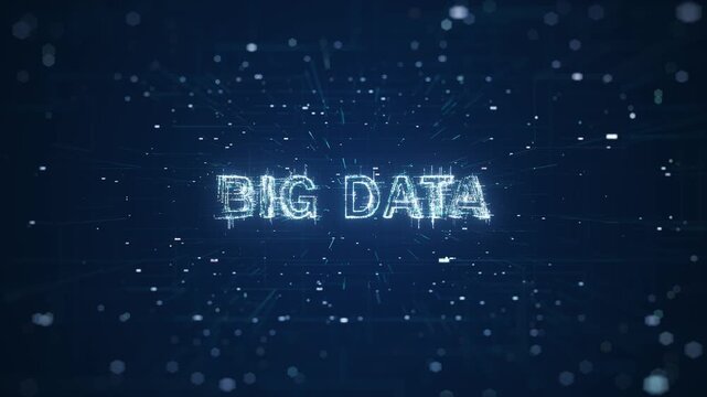 Glowing digital text "BIG DATA" pulses against cosmic blue. Futuristic lines swirl around words, hinting at data flow. Tiny particles float in background, enhancing digital atmosphere