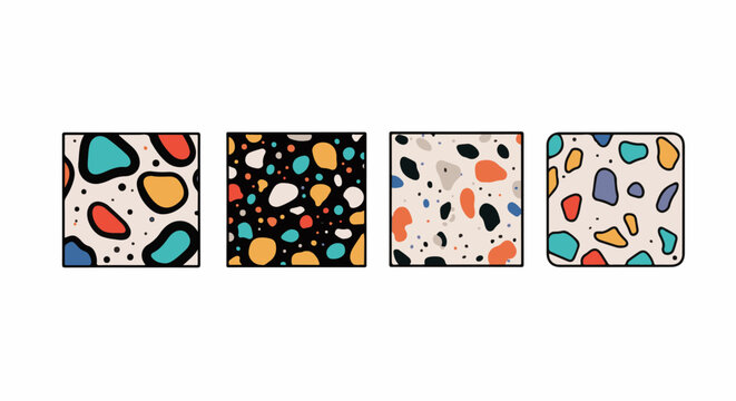 A vibrant collection of four square and rounded square abstract patterns featuring colorful terrazzo-inspired designs on a white background