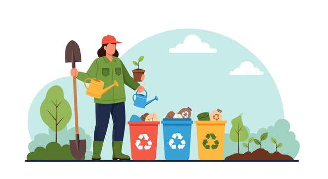 Woman gardening and sorting recycling bins for eco-friendly lifestyle.