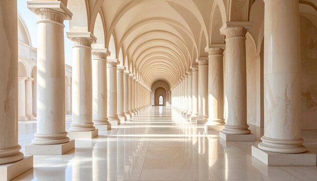 Elegant colonnade with arches and light, creating a serene atmosphere.