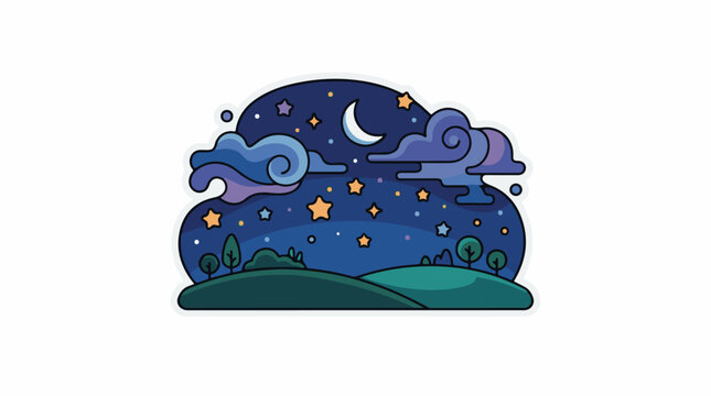 Cartoon night sky with crescent moon, stars, and clouds over rolling hills