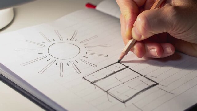 Tracing right hand with pencil darkening 3panel rectangle on notebook under lamp guided by lines