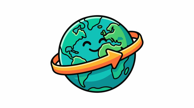 A cartoon globe with a smiling face and an orange arrow circling it