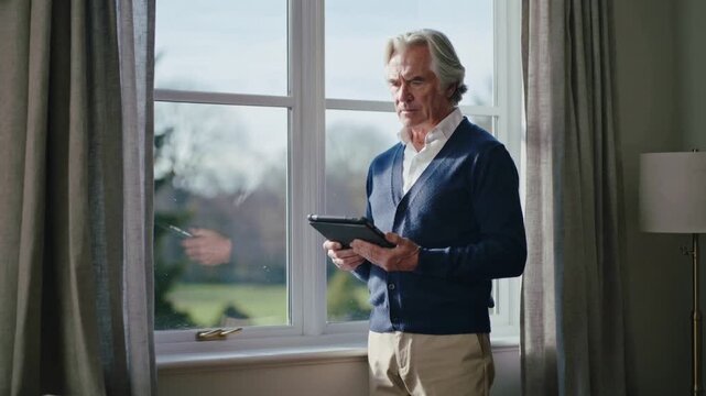 Holding tablet, senior man consulting, tapping stylus beside window at home, cardigan, copy space