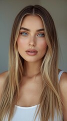 Naklejka premium A close-up portrait of a young woman with long blonde hair, blue eyes, and natural makeup wearing a white top against a neutral background.