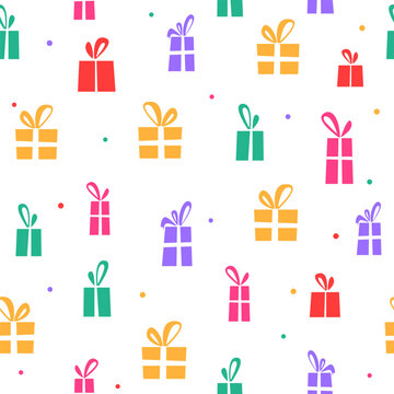 Seamless pattern with color birthday gift boxes and ribbons on white background. Happy holiday seamless texture, flat vector illustration for wrapping paper, party decor, textile print