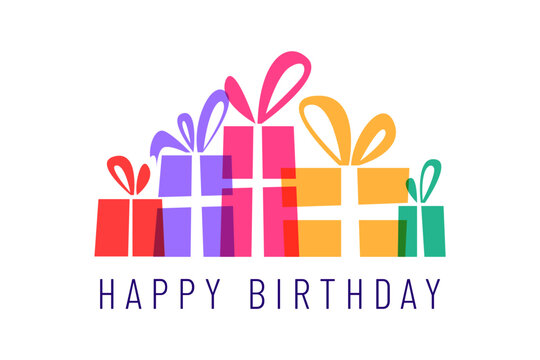 Happy birthday greeting card with color transparent gift boxes and typography text on white background. Modern minimalist vector illustration with vibrant overlapping presents for celebration