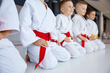 Fototapeta premium Cacausian children are kneeling respectfully in calm dojo setting with focused expressions