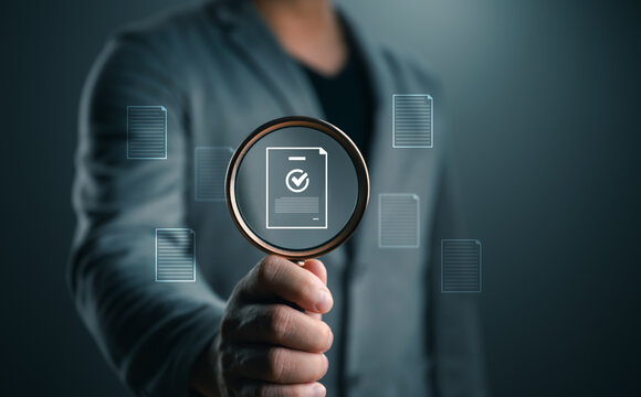 Business professional verifying digital documents with compliance inspection, quality control, and approval validation to ensure accuracy, regulatory standards, and reliable document management.