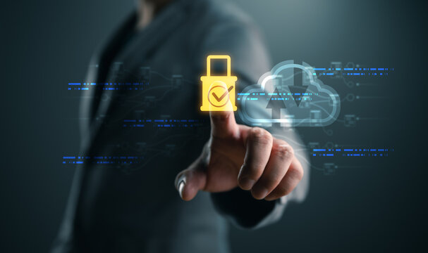 Cloud security concept with a digital lock and cloud storage interface, representing cybersecurity, encrypted data protection, secure file management, privacy compliance, enterprise cloud computing.