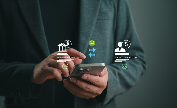 Mobile banking concept featuring secure digital money transfer between bank, customer through a smartphone, symbolizing fintech innovation, online payments, financial technology, secure transactions.