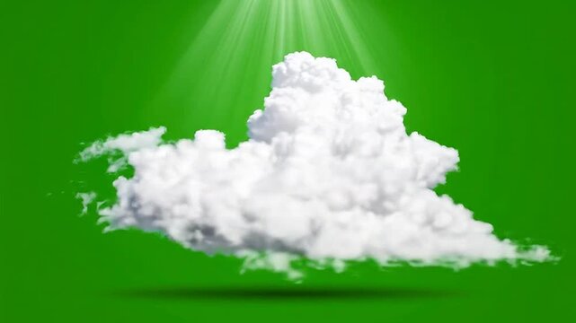 Fluffy white cloud with sun rays on a green screen background