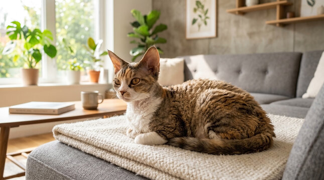 Devon Rex cat resting on cozy couch with natural light and green plants. This adorable Devon Rex cat enjoys a calm atmosphere, lounging comfortably on soft textiles.