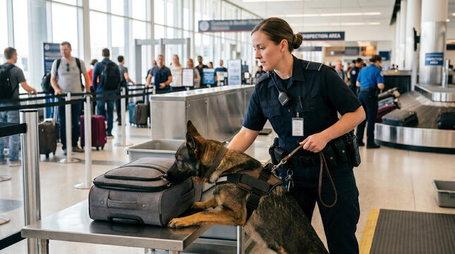 Customs officer with detection dog checking luggage at airport. Detection dog assists customs officer in scanning bags at baggage claim area.