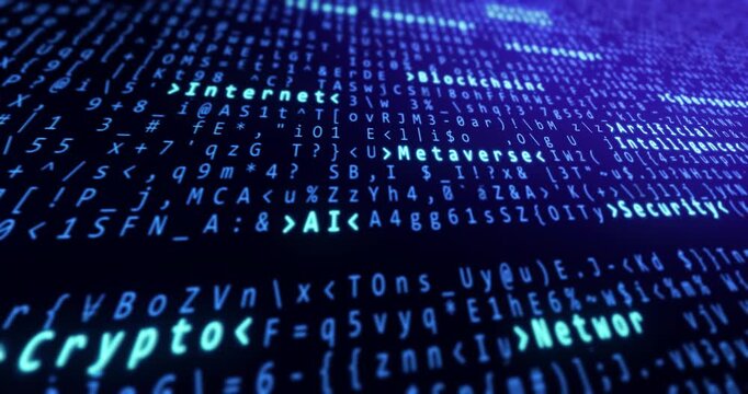 Digital code flows in deep blue hues. Cryptographic terms flicker across the screen. Data streams move with digital purpose. Blue glow illuminates abstract cyber network