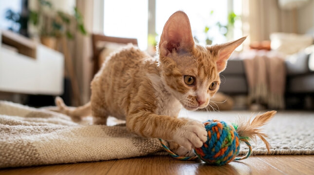 Devon Rex kitten playing with colorful toy in cozy living room. Playful kitten interacts with soft yarn ball on beautiful carpet, showcasing lively personality and energy.