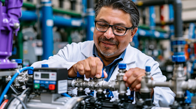 Water treatment chemical dosing technician adjusts peristaltic pump settings on chlorination system in utility building, PPE lab coat safety glasses water quality compliance municipal infrastructure