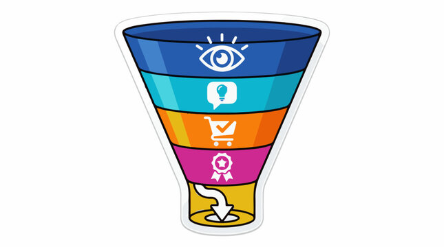A colorful funnel chart with icons representing awareness, interest, desire and action