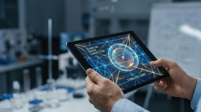 Quantum processing technology enhances security with advanced error correction on digital tablet in scientific research environment