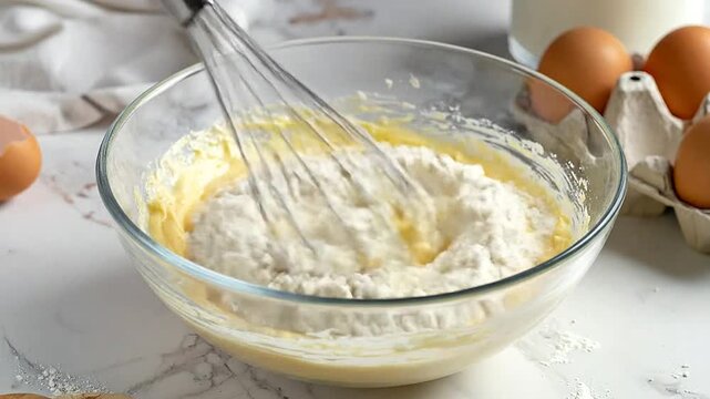 A metal whisk mixes white flour into yellow cake batter inside a glass bowl