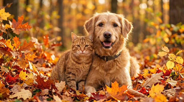 Dog and cat together in autumn leaves, golden retriever cuddles with ginger cat among colorful foliage. Heartwarming scene highlights friendship between pets in natural setting,