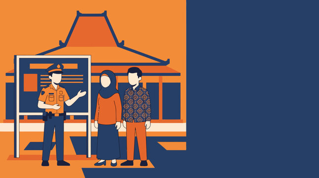 Police Officer Explaining Information Board to Muslim Woman in Hijab and Man in Batik Shirt, Indonesian Public Service Flat Vector Illustration with Copyspace