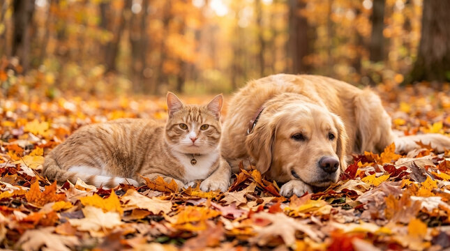 Dog and cat resting together in colorful autumn leaves in forest. Playful dog and relaxed cat enjoy cozy moment amid fallen foliage in vibrant fall scenery.