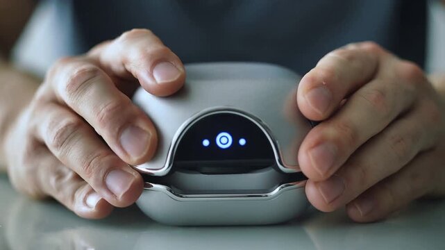 Seeing LED glow, male-presenting hands lowering and aligning metallic case on desk for charging