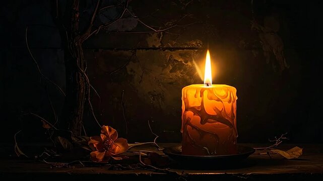 A single glowing candle illuminates a dark and mysterious rustic setting