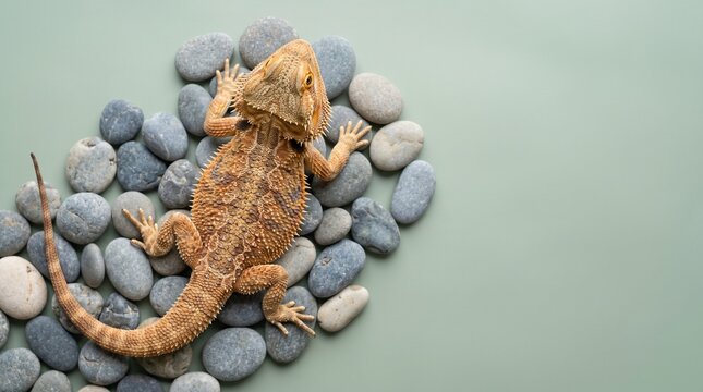 A detailed, top-down view of a vibrant bearded dragon lizard resting comfortably on a bed of smooth, grey pebbles, set against a soft sage green backdrop