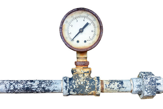 Vintage pressure gauge mounted on a weathered metal pipe isolated on a clear background PNG