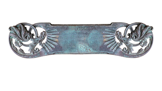 Antique decorative copper backplate with ornate dragon and foliate scrollwork on each end with room for text between isolated on a transparent background PNG file.