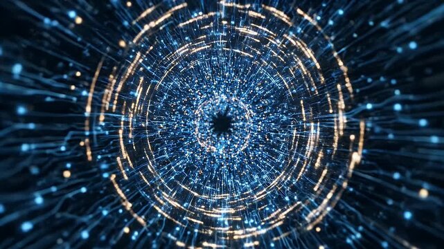 A mesmerizing abstract visualization depicts a tunnel of interconnected glowing blue lines and golden nodes, suggesting a complex digital network or futuristic data stream.