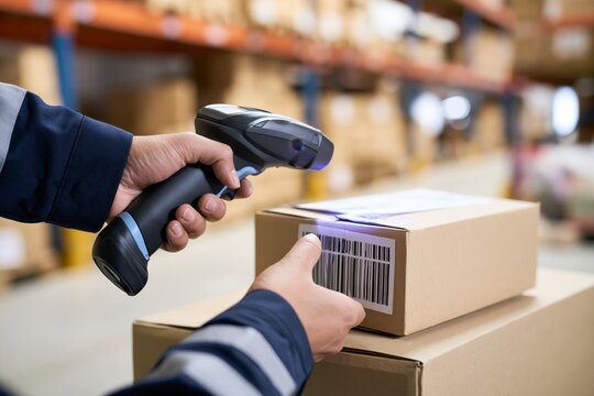 Detailed view of hands scanning a barcode on a cardboard box in a warehouse setting