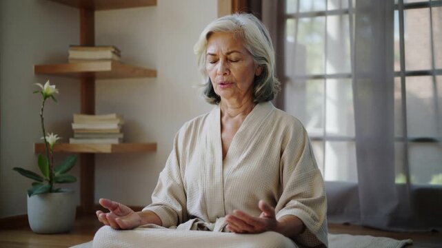 Settling onto cushion senior woman wearing robe practicing meditation at home, with plant and books