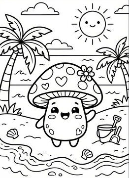 Adorable cartoon mushroom enjoys a peaceful seaside holiday under palm trees. Great for coloring pages, travel promotions, or cheerful social media graphics.