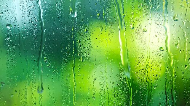 Raindrops on a window pane with a lush green background