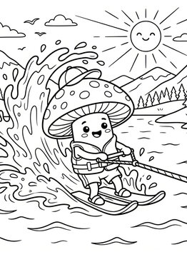 Cute mushroom character water skis across a sparkling lake with big splash. Perfect for kids books, summer campaigns, or playful activity designs.
