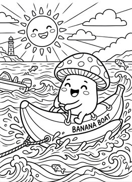 Cute mushroom character rides a banana boat through ocean waves. Perfect for kids books, playful posters, or summer themed designs.