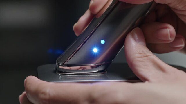 Lowering hands steadying base and docking shaver into recess on dock, activating LEDs for charging