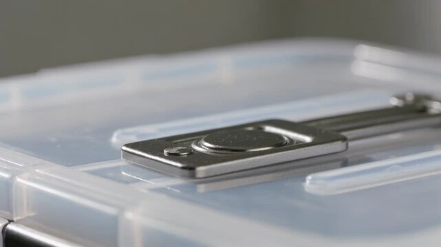 Hovering index fingertip pressing metal pushbutton on plastic lid at home, releasing latch