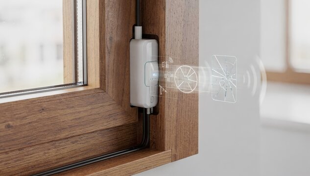 Medium shot showcasing a hardwired smart sensor embedded wooden window frame emphasizing wired connectivity and robust break detection technology.